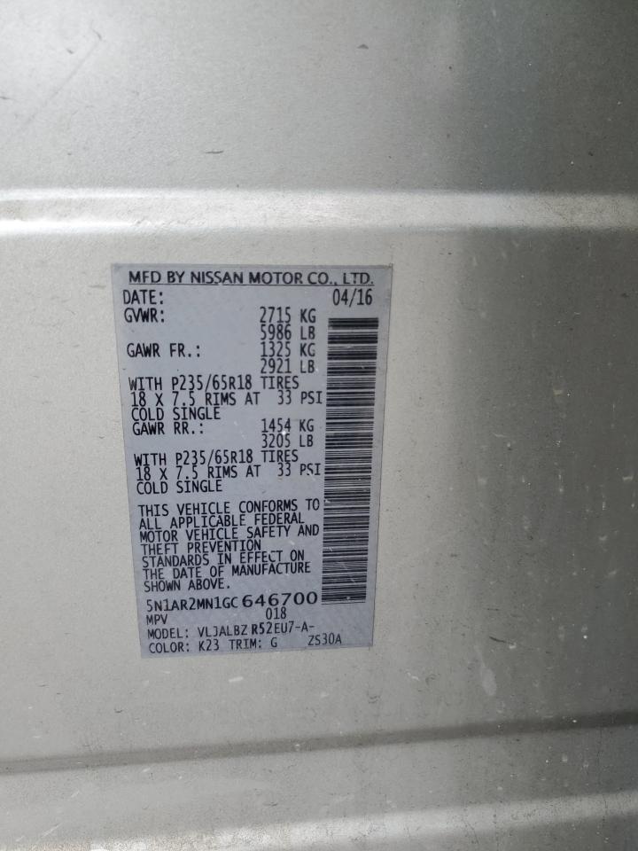 2016 Nissan Pathfinder S VIN: 5N1AR2MN1GC646700 Lot: 84640185