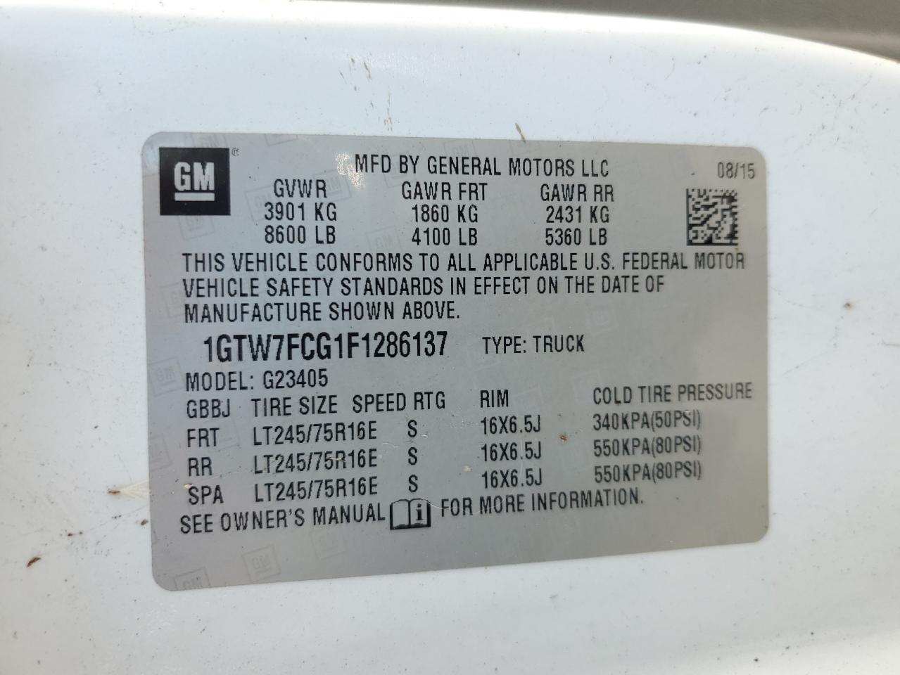 2015 GMC Savana G2500 VIN: 1GTW7FCG1F1286137 Lot: 80660475