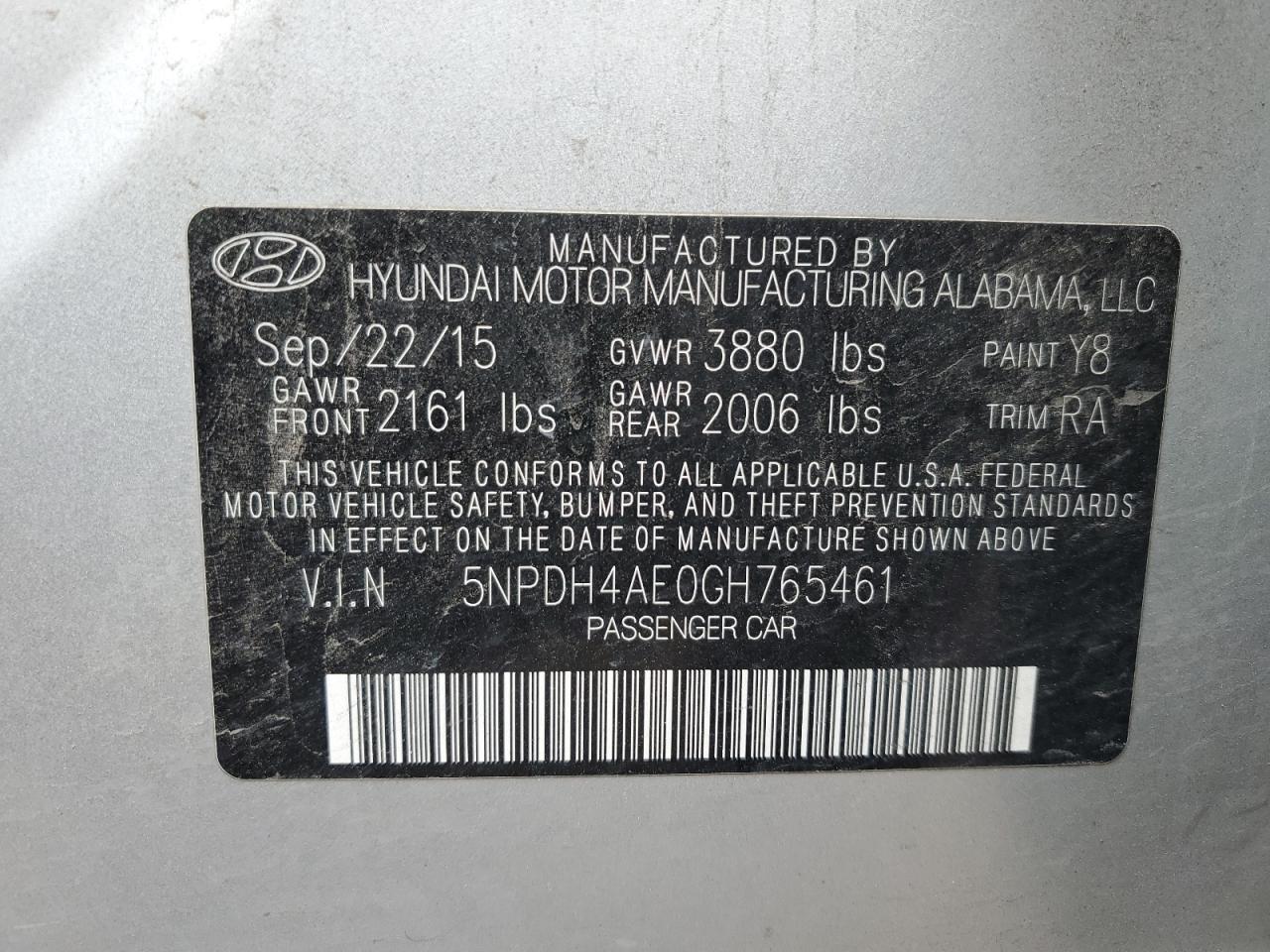 2016 Hyundai Elantra Se VIN: 5NPDH4AE0GH765461 Lot: 71842405