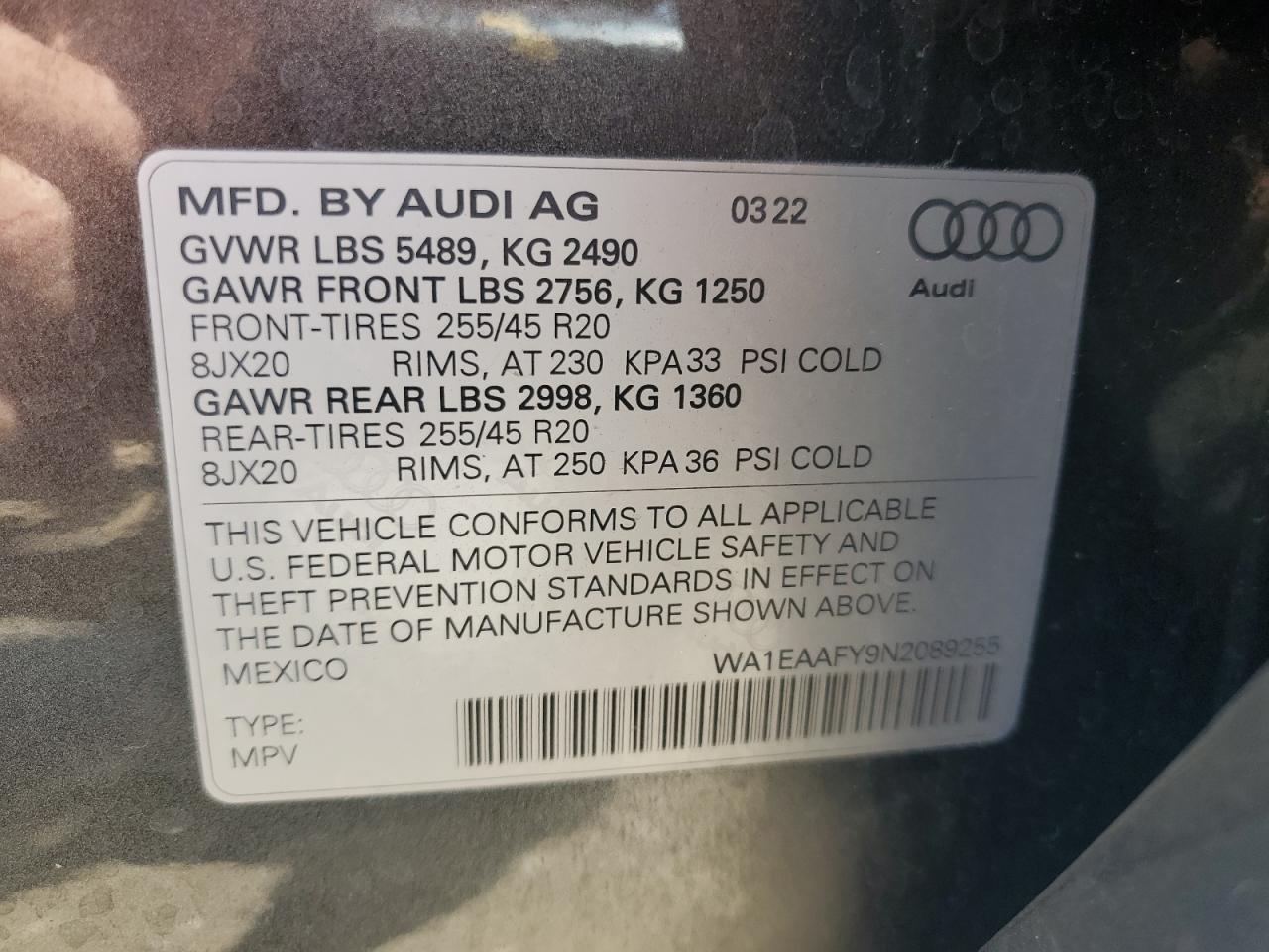 2022 Audi Q5 Premium Plus 45 VIN: WA1EAAFY9N2089255 Lot: 71865195