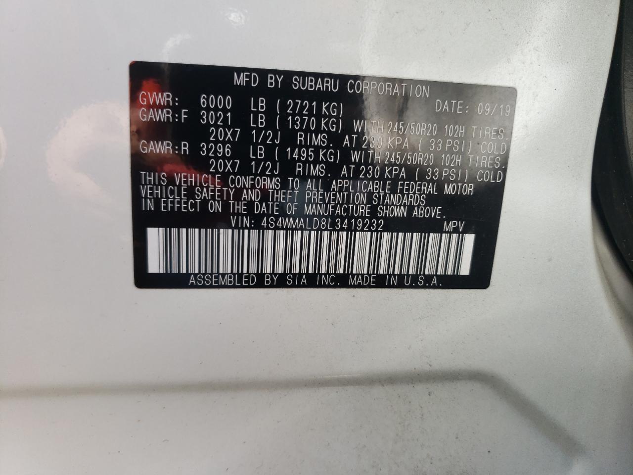 2020 Subaru Ascent Limited VIN: 4S4WMALD8L3419232 Lot: 71772085