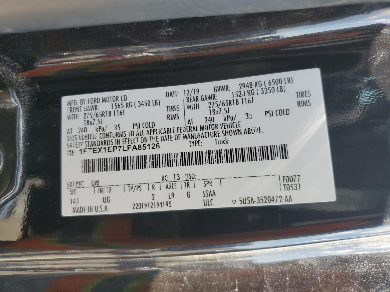 2020 Ford F150 Super Cab VIN: 1FTEX1EP7LFA85126 Lot: 72050155