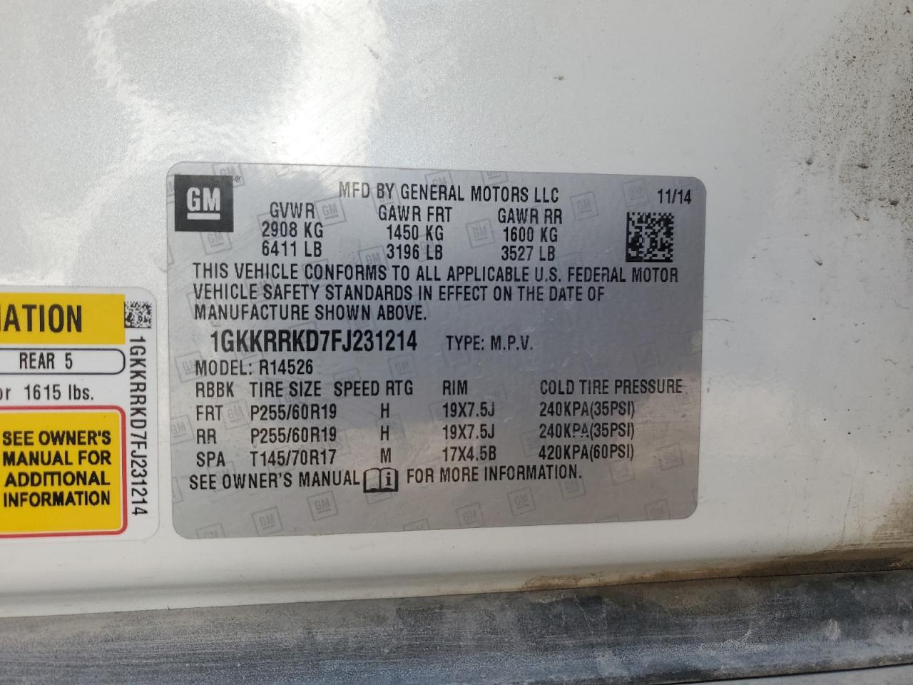 2015 GMC Acadia Slt-1 VIN: 1GKKRRKD7FJ231214 Lot: 81465025
