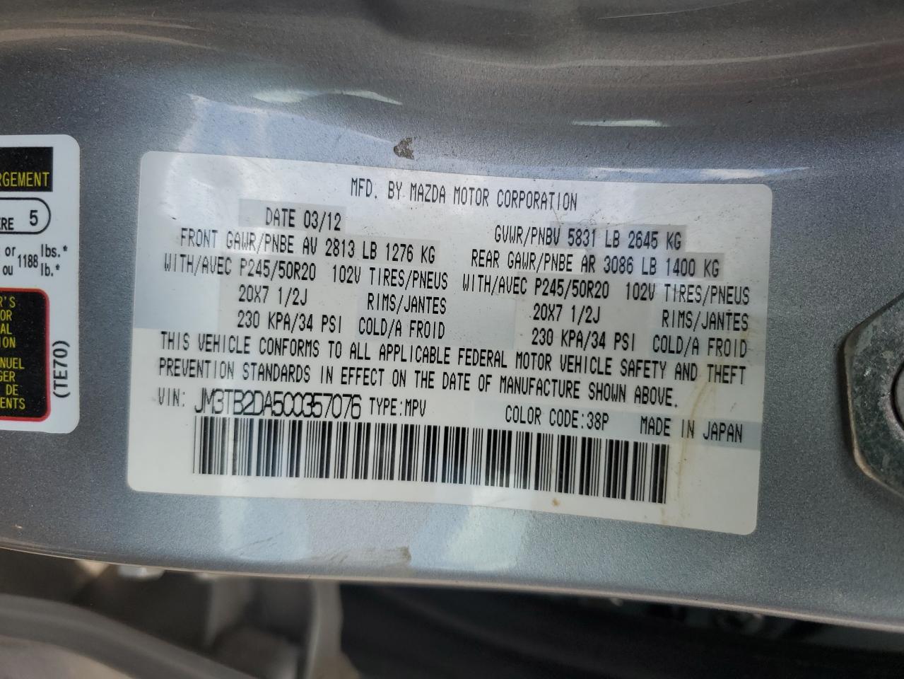 2012 Mazda Cx-9 VIN: JM3TB2DA5C0357076 Lot: 80637085