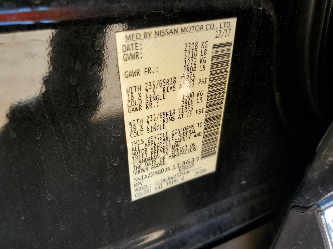 2018 Nissan Murano S VIN: 5N1AZ2MG0JN119633 Lot: 84703925