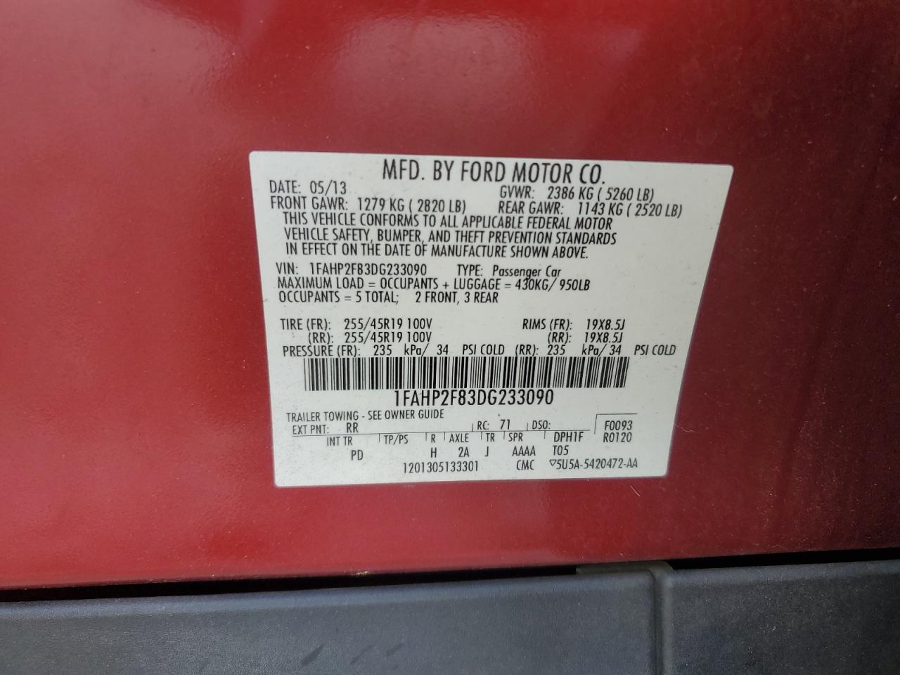 2013 Ford Taurus Limited VIN: 1FAHP2F83DG233090 Lot: 80736325