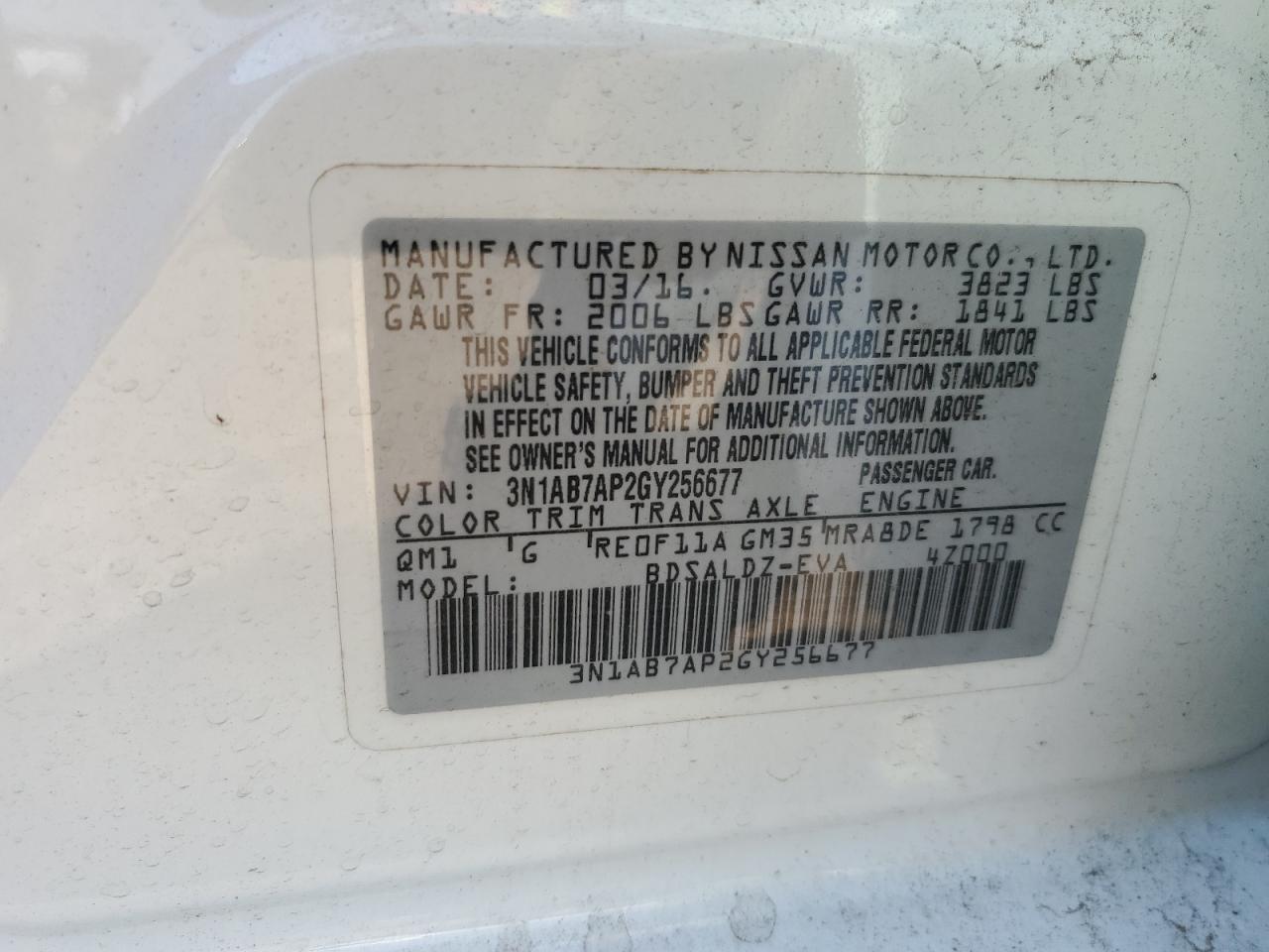 2016 Nissan Sentra S VIN: 3N1AB7AP2GY256677 Lot: 80858485