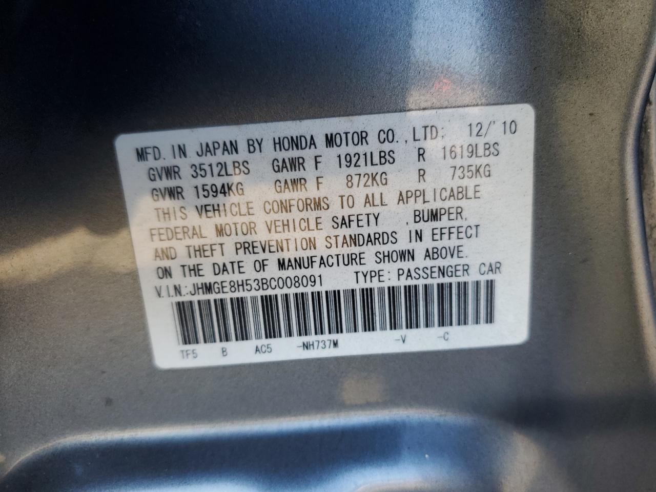 2011 Honda Fit Sport VIN: JHMGE8H53BC008091 Lot: 81051255