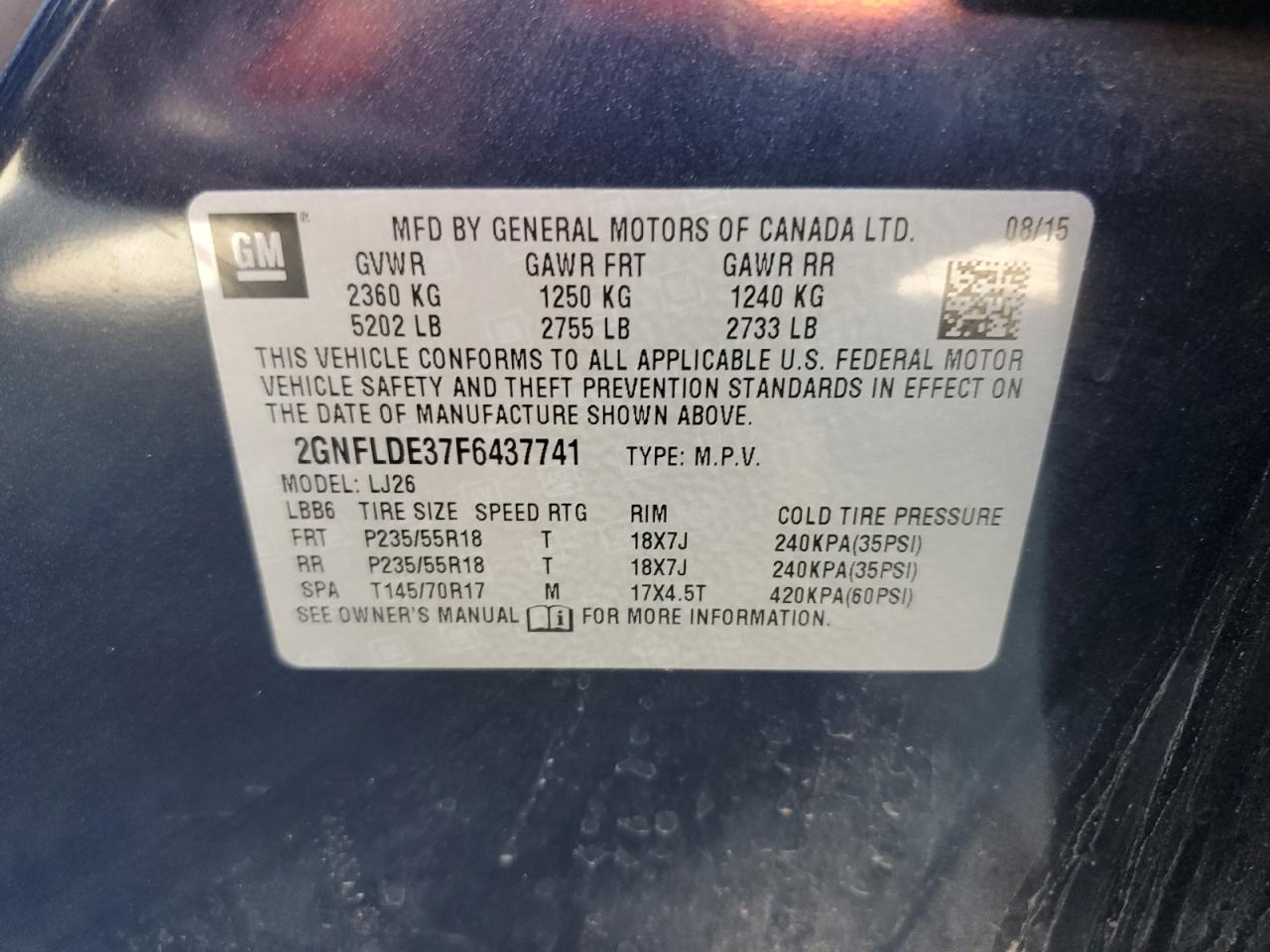 2015 Chevrolet Equinox Ltz VIN: 2GNFLDE37F6437741 Lot: 80811615