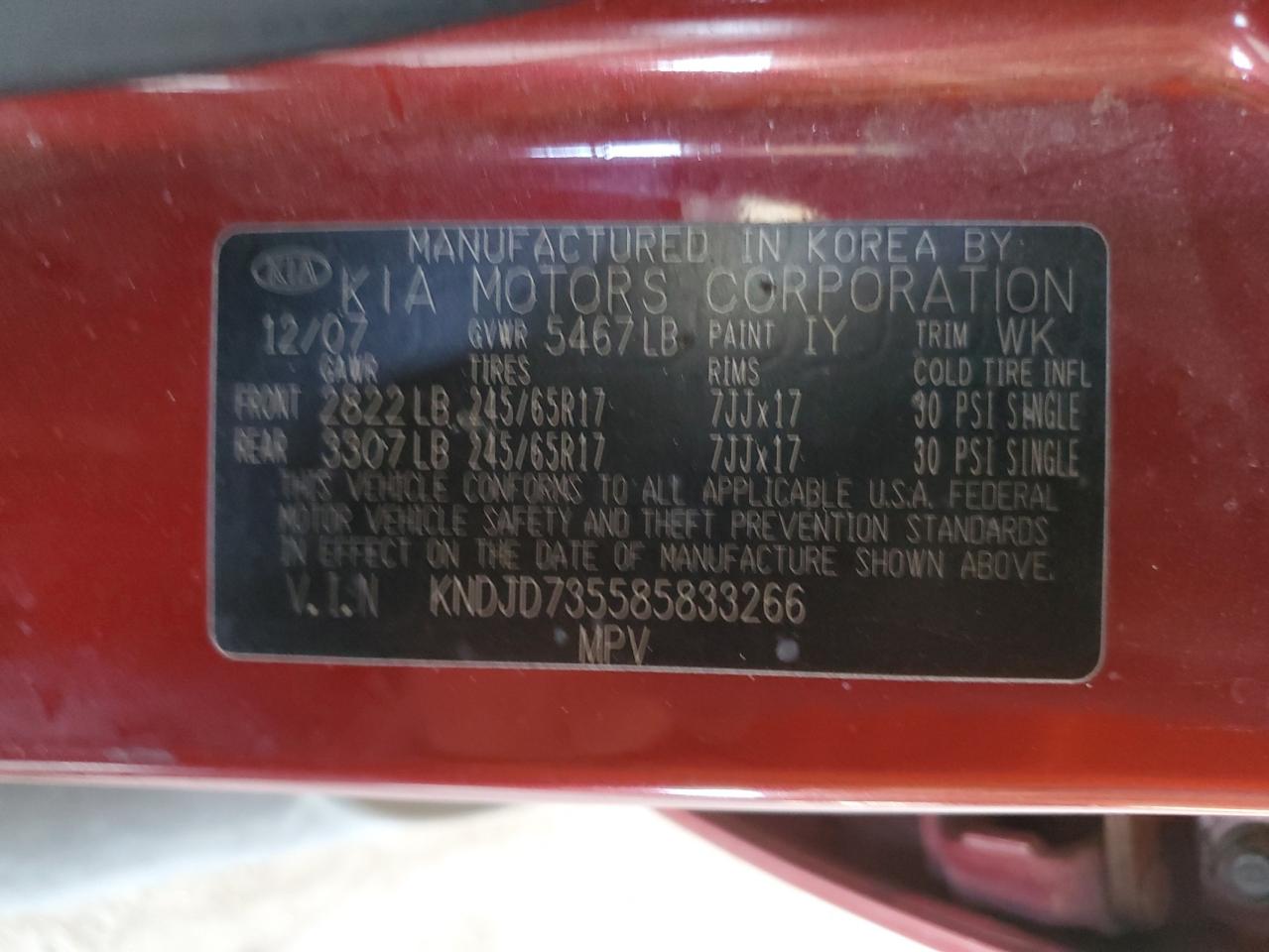 2008 Kia Sorento Ex VIN: KNDJD735585833266 Lot: 81041975