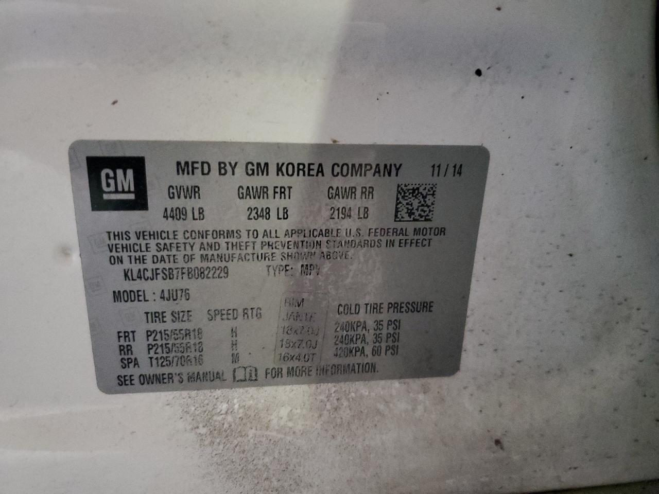 2015 Buick Encore Convenience VIN: KL4CJFSB7FB082229 Lot: 84269745