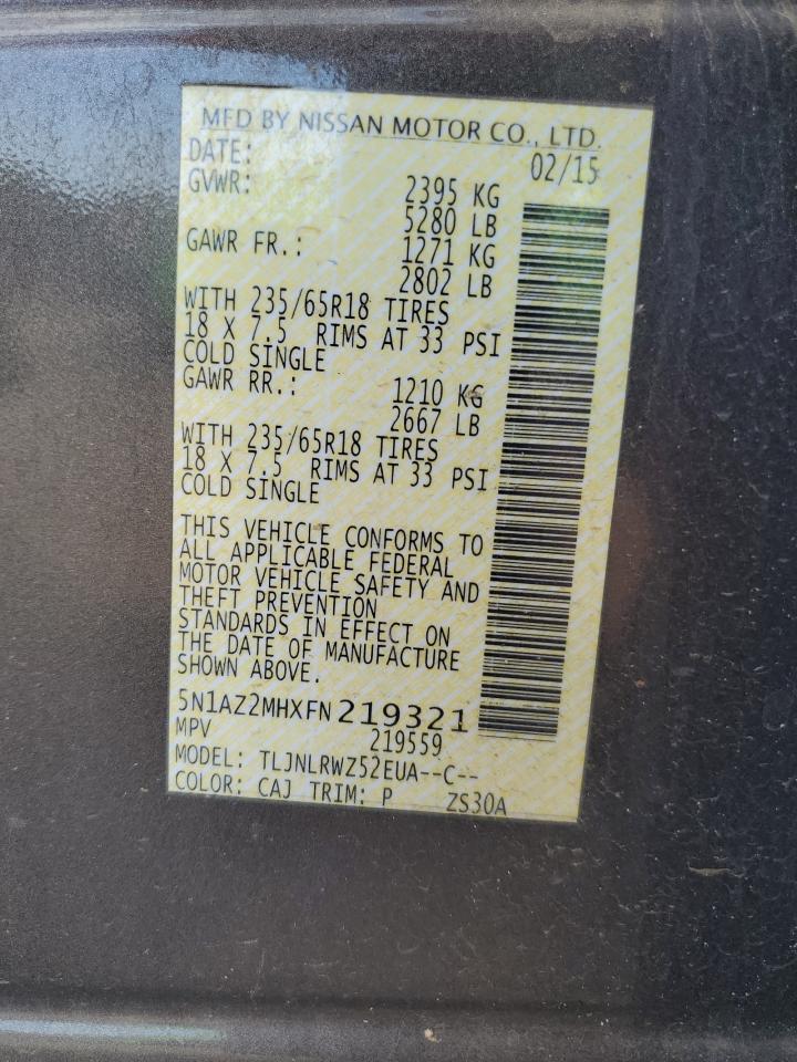 2015 Nissan Murano S VIN: 5N1AZ2MHXFN219321 Lot: 81488525