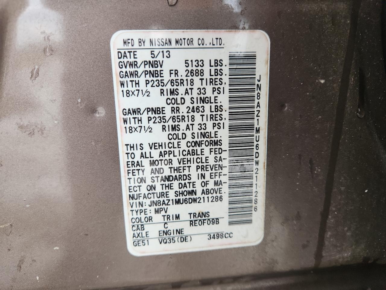 2013 Nissan Murano S VIN: JN8AZ1MU6DW211286 Lot: 84231065