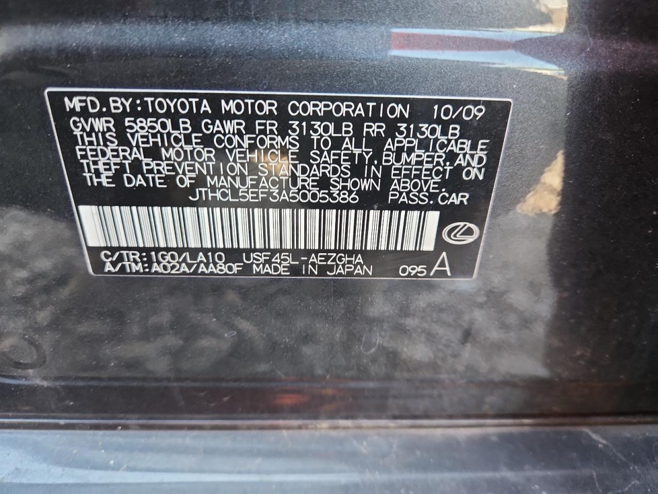 2010 Lexus Ls 460 VIN: JTHCL5EF3A5005386 Lot: 80500125