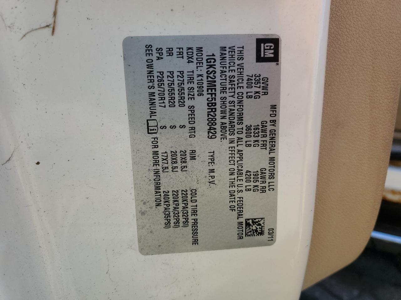 2011 GMC Yukon Xl Denali VIN: 1GKS2MEF5BR288429 Lot: 80687215