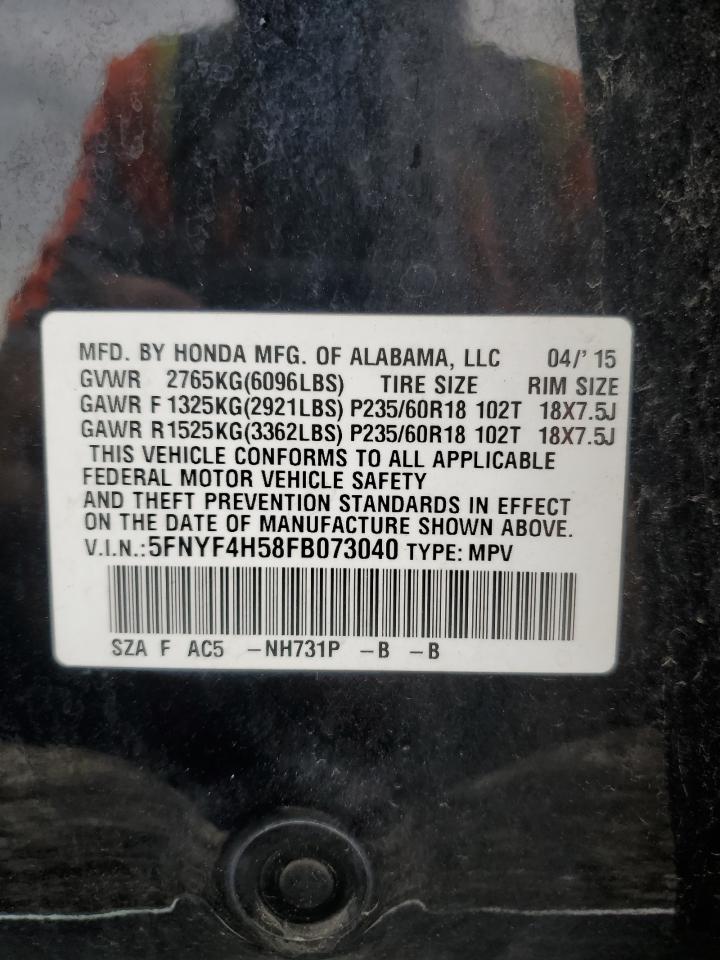 2015 Honda Pilot Exl VIN: 5FNYF4H58FB073040 Lot: 81822825