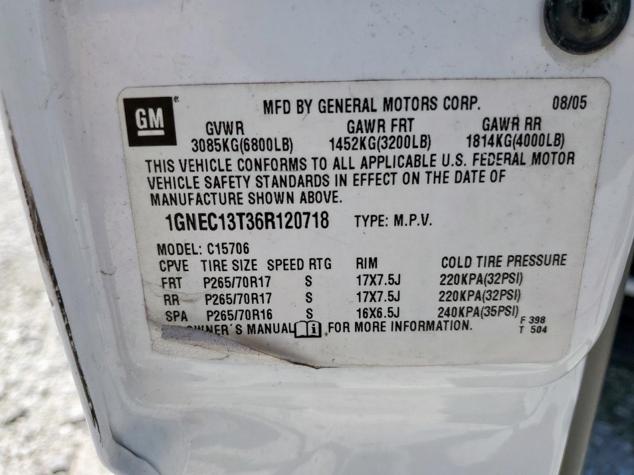 2006 Chevrolet Tahoe C1500 VIN: 1GNEC13T36R120718 Lot: 82033005