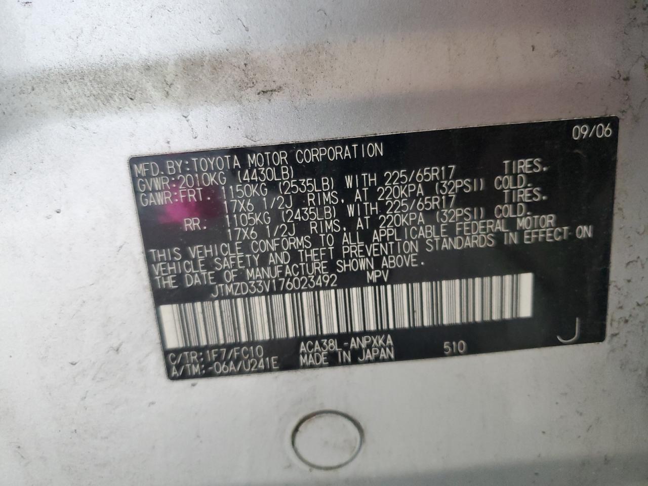 2007 Toyota Rav4 VIN: JTMZD33V176023492 Lot: 71312945