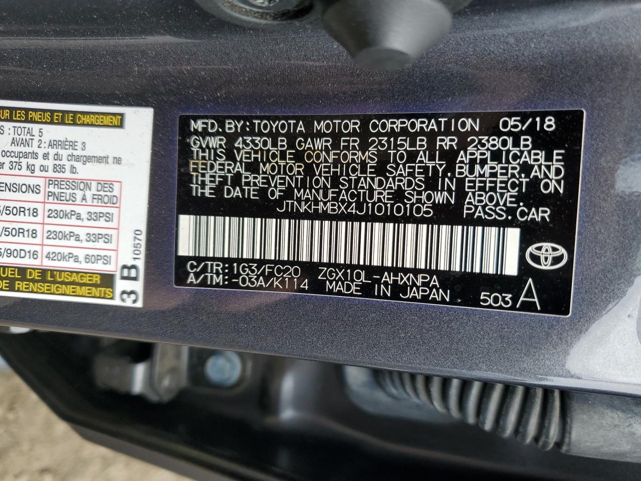 2018 Toyota C-Hr Xle VIN: JTNKHMBX4J1010105 Lot: 72030395