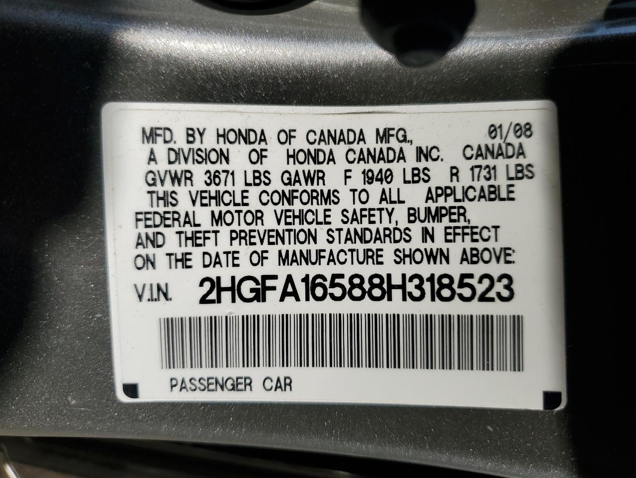 2008 Honda Civic Lx VIN: 2HGFA16588H318523 Lot: 81691255