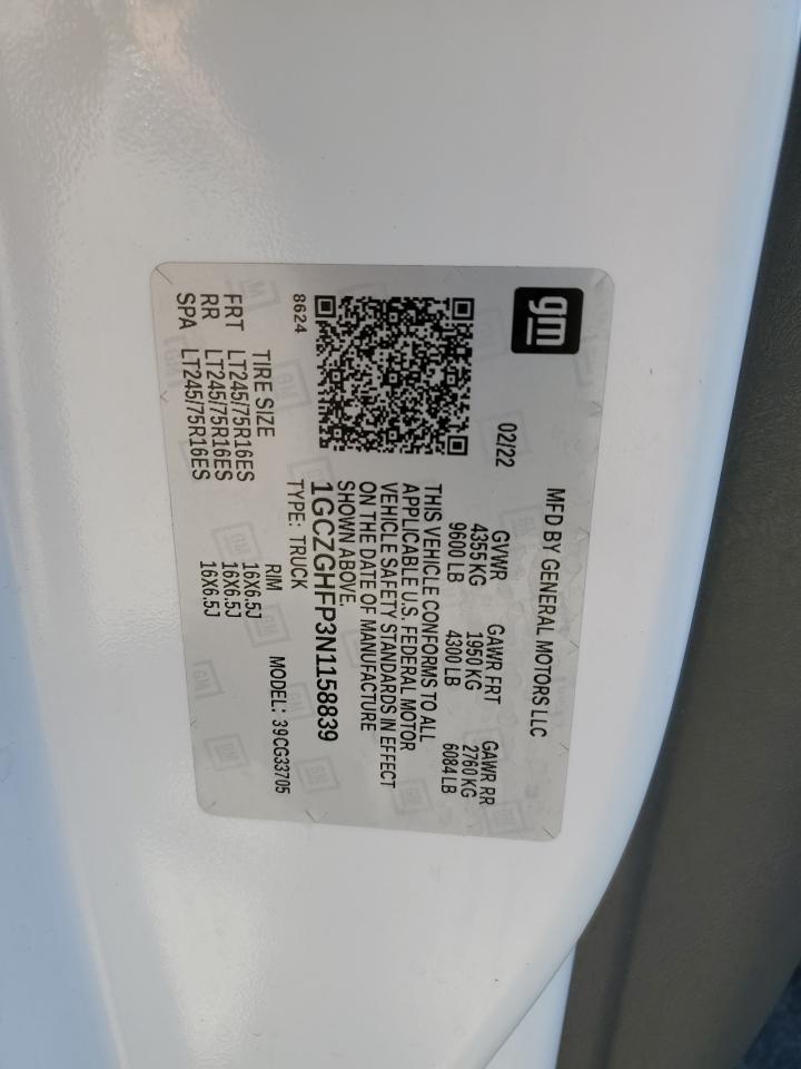 2022 Chevrolet Express G3500 VIN: 1GCZGHFP3N1158839 Lot: 71191895