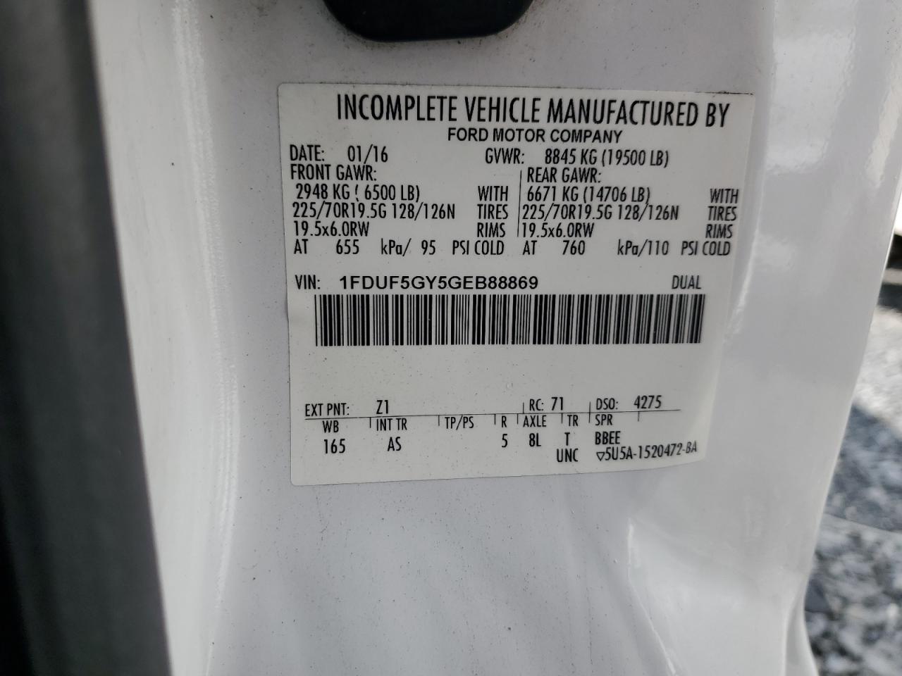 2016 Ford F550 Super Duty VIN: 1FDUF5GY5GEB88869 Lot: 80693555