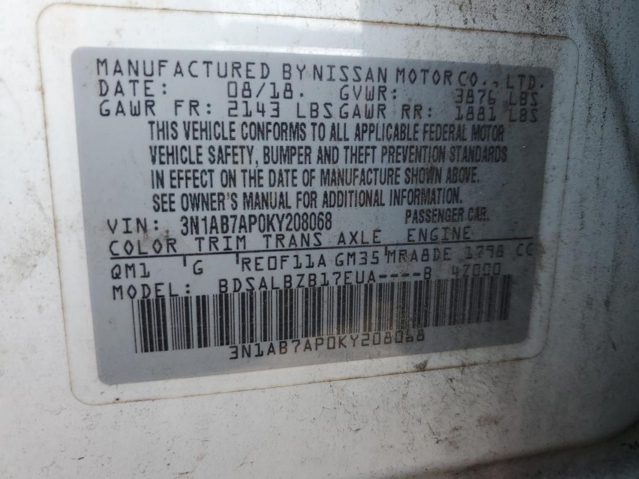 2019 Nissan Sentra S VIN: 3N1AB7AP0KY208068 Lot: 80757775