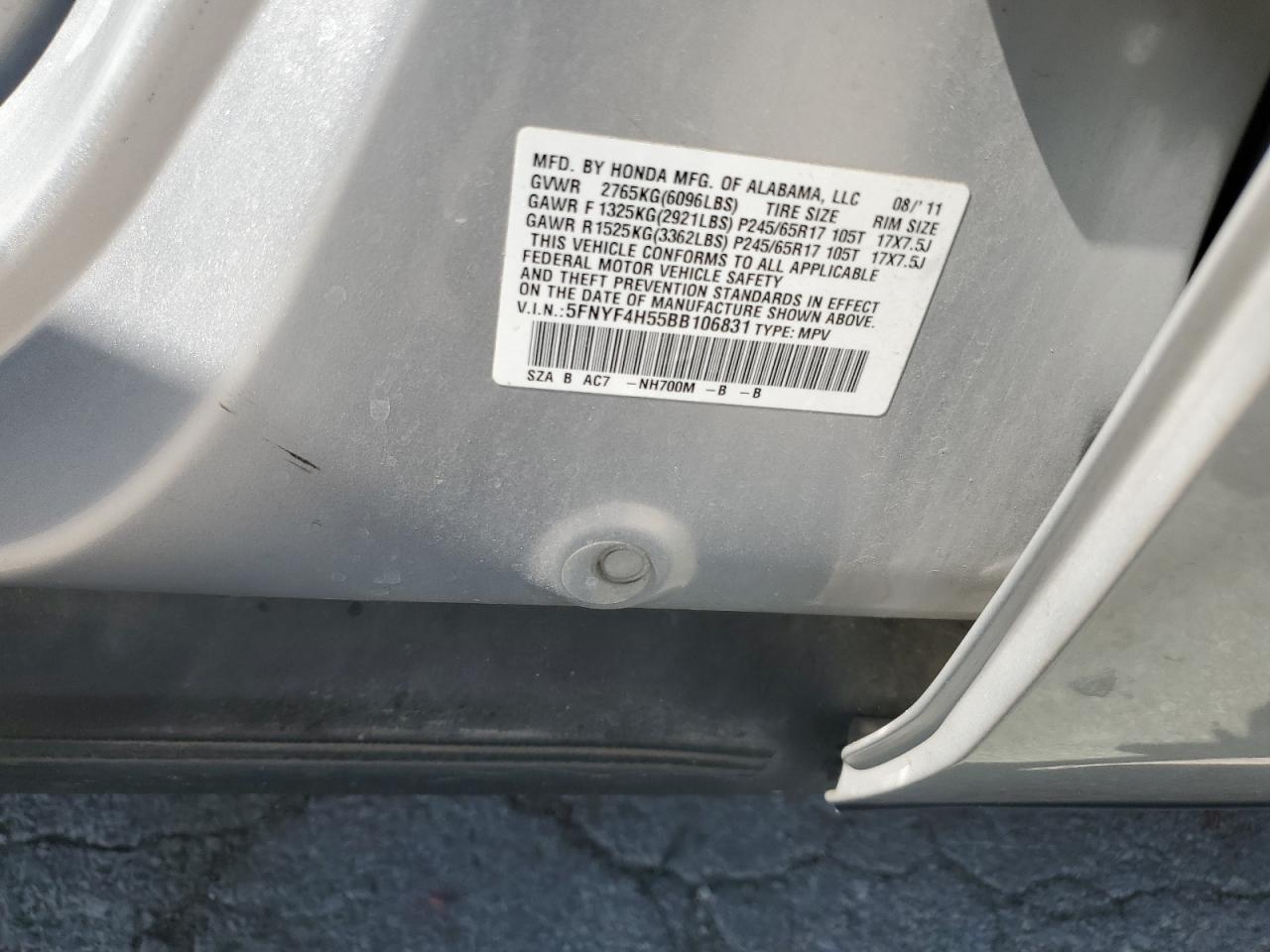 2011 Honda Pilot Exl VIN: 5FNYF4H55BB106831 Lot: 80342675