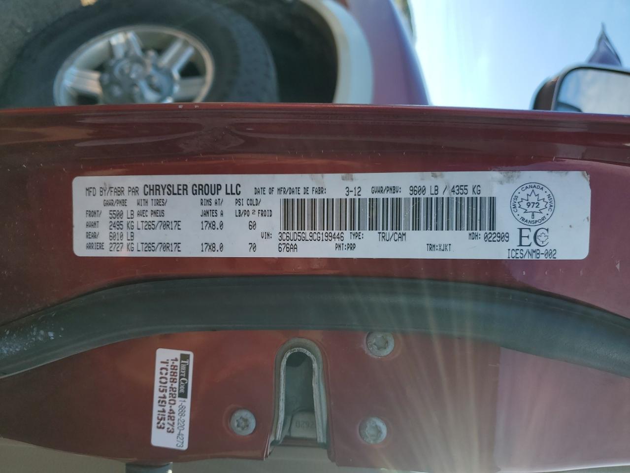 2012 Dodge Ram 2500 Longhorn VIN: 3C6UD5GL9CG199446 Lot: 80733475