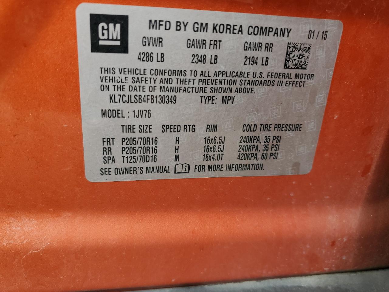 2015 Chevrolet Trax 1Lt VIN: KL7CJLSB4FB130349 Lot: 84002975