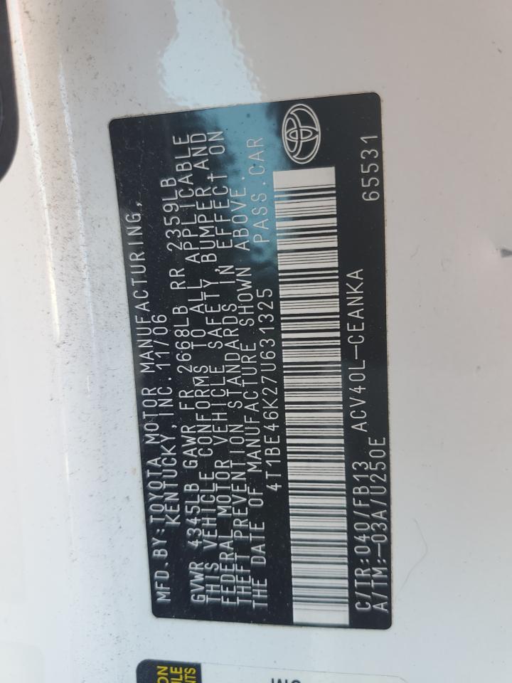 2007 Toyota Camry Ce VIN: 4T1BE46K27U631325 Lot: 84239875