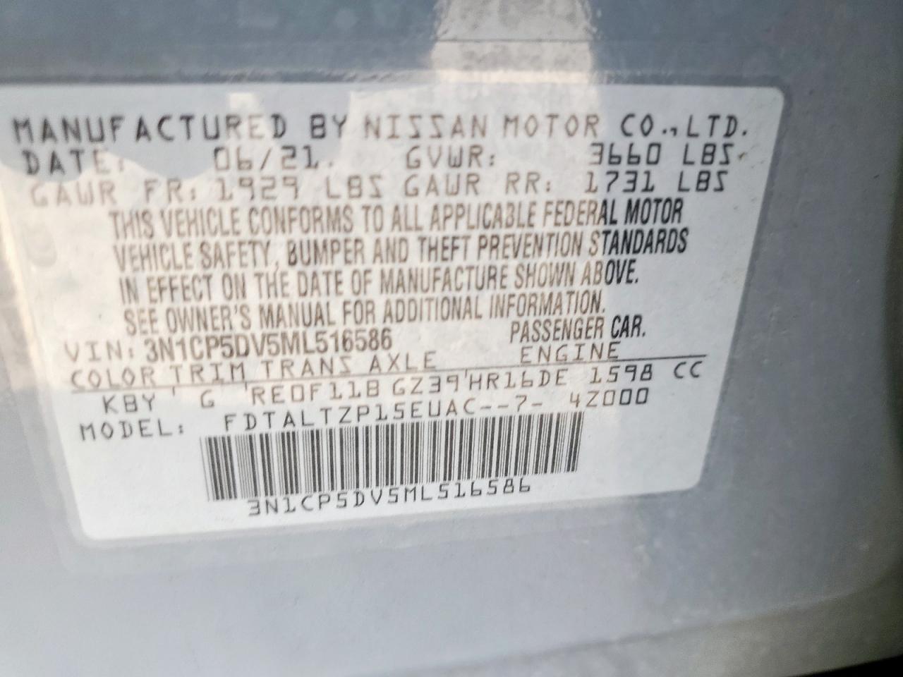 2021 Nissan Kicks Sr VIN: 3N1CP5DV5ML516586 Lot: 81148845