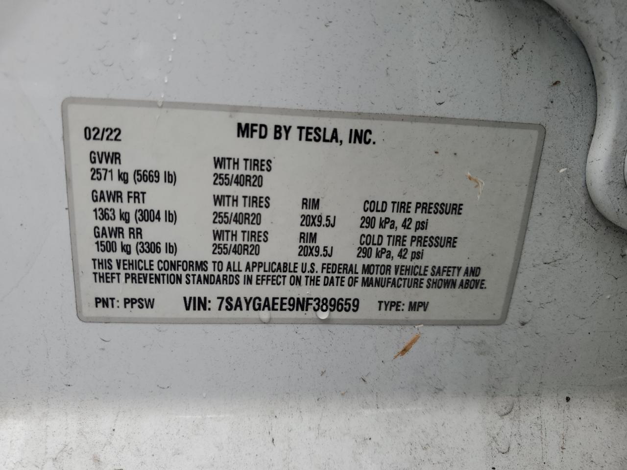 2022 Tesla Model Y VIN: 7SAYGAEE9NF389659 Lot: 80470085