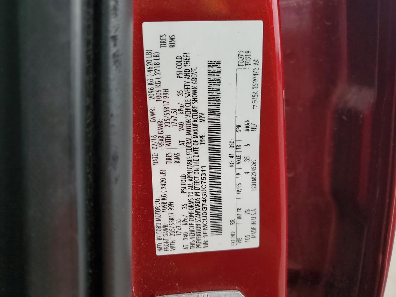 2016 Ford Escape Se VIN: 1FMCU0G74GUC75311 Lot: 84619685