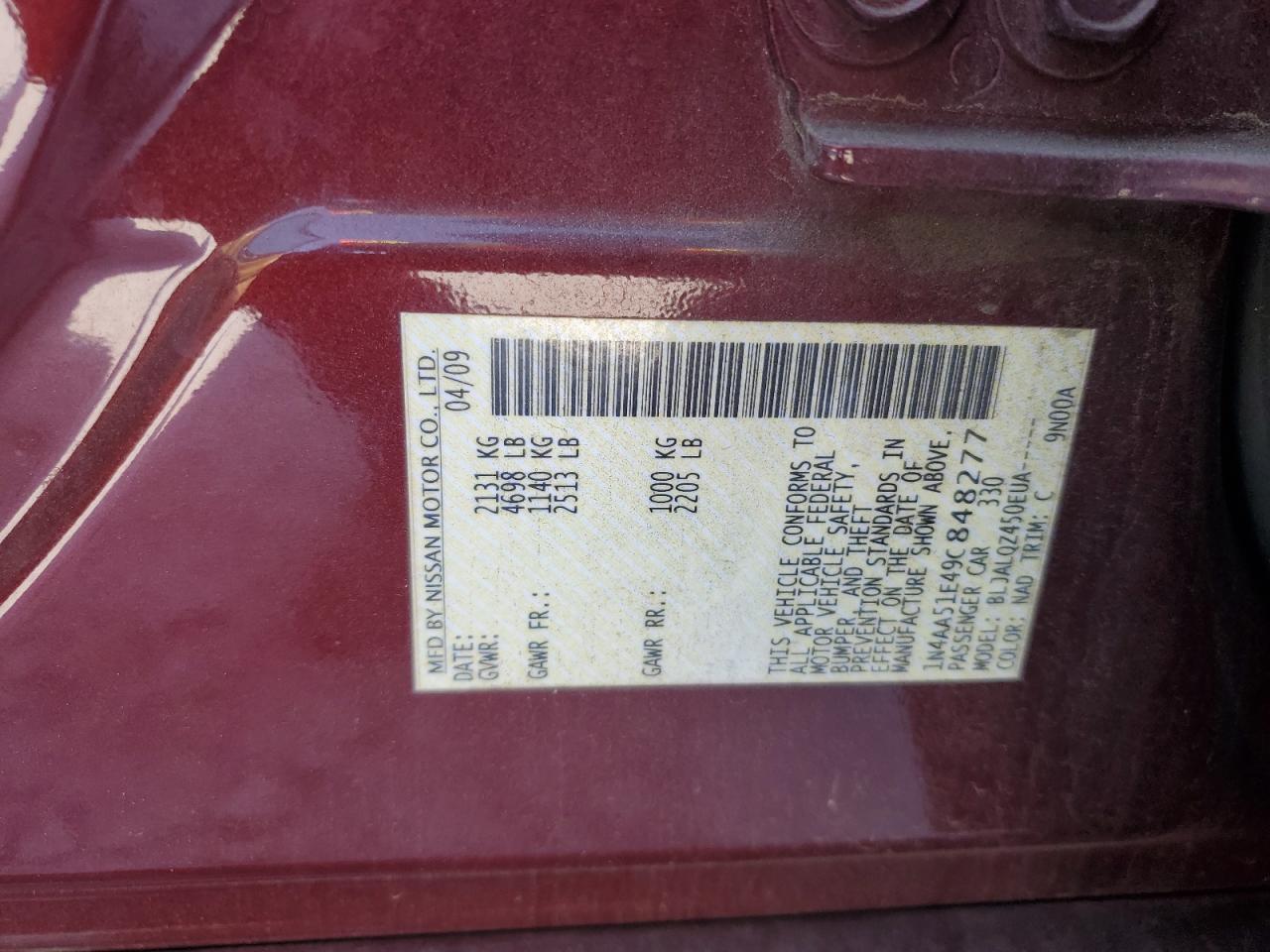 2009 Nissan Maxima S VIN: 1N4AA51E49C848277 Lot: 71651675