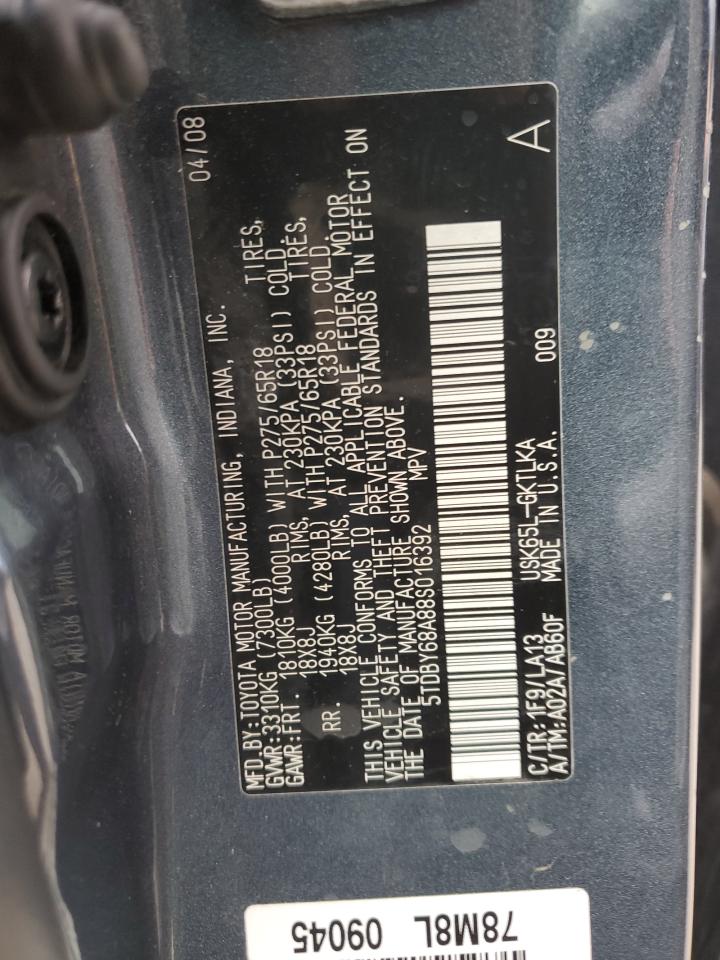 2008 Toyota Sequoia Limited VIN: 5TDBY68A88S016392 Lot: 81080025