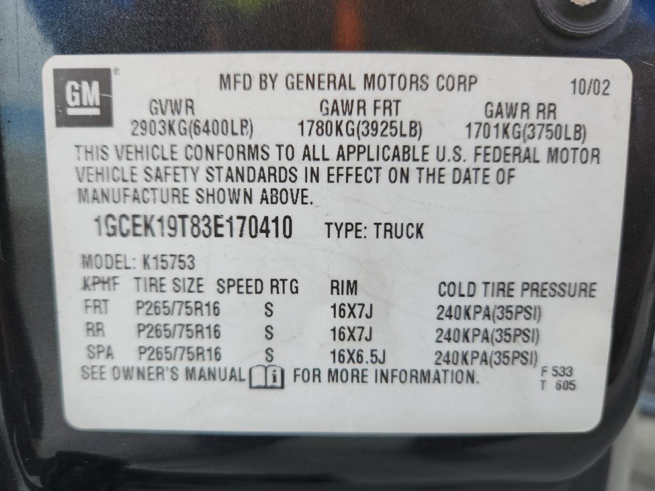 2003 Chevrolet Silverado K1500 VIN: 1GCEK19T83E170410 Lot: 80869345