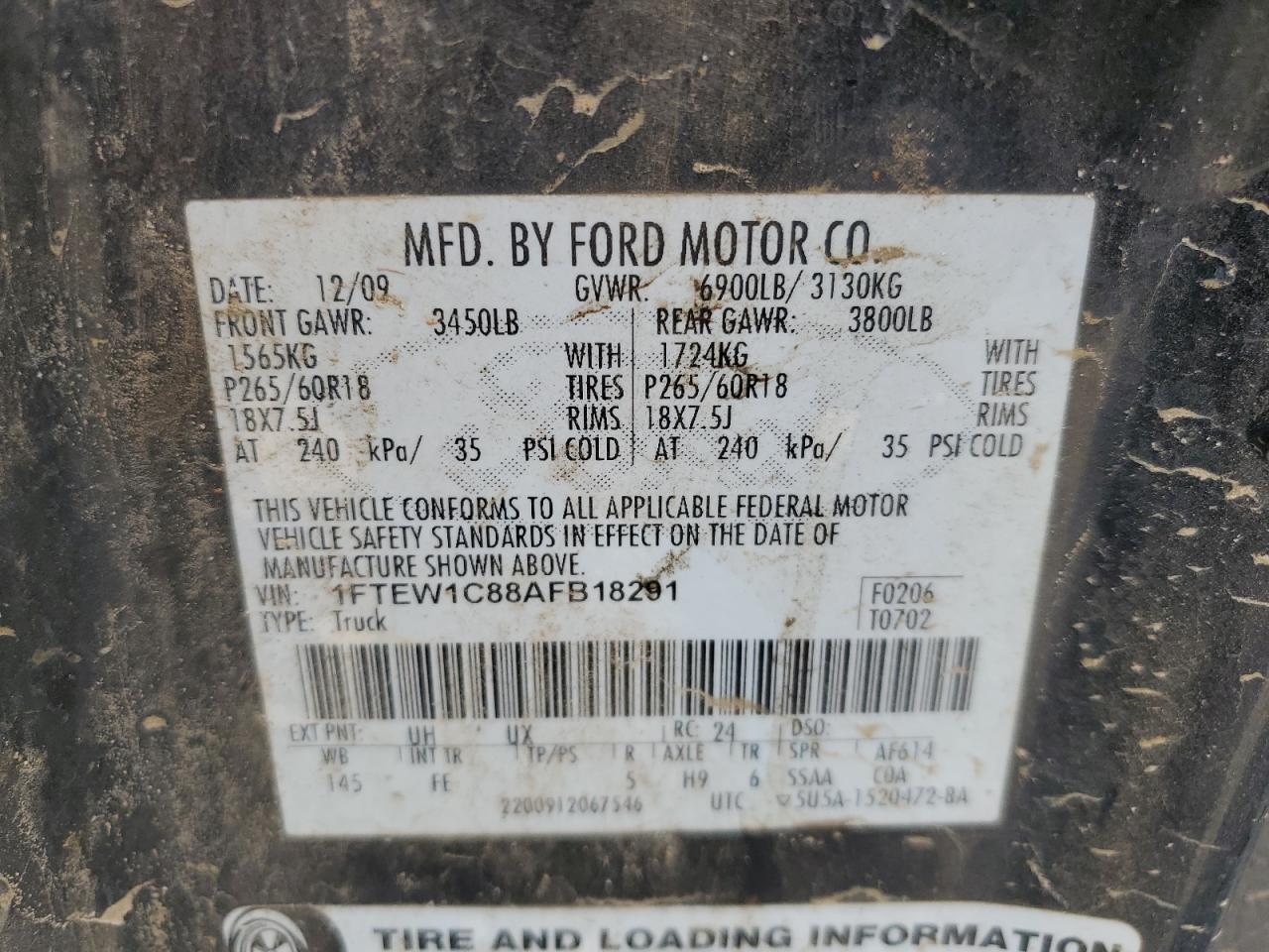 2010 Ford F150 Supercrew VIN: 1FTEW1C88AFB18291 Lot: 84047165