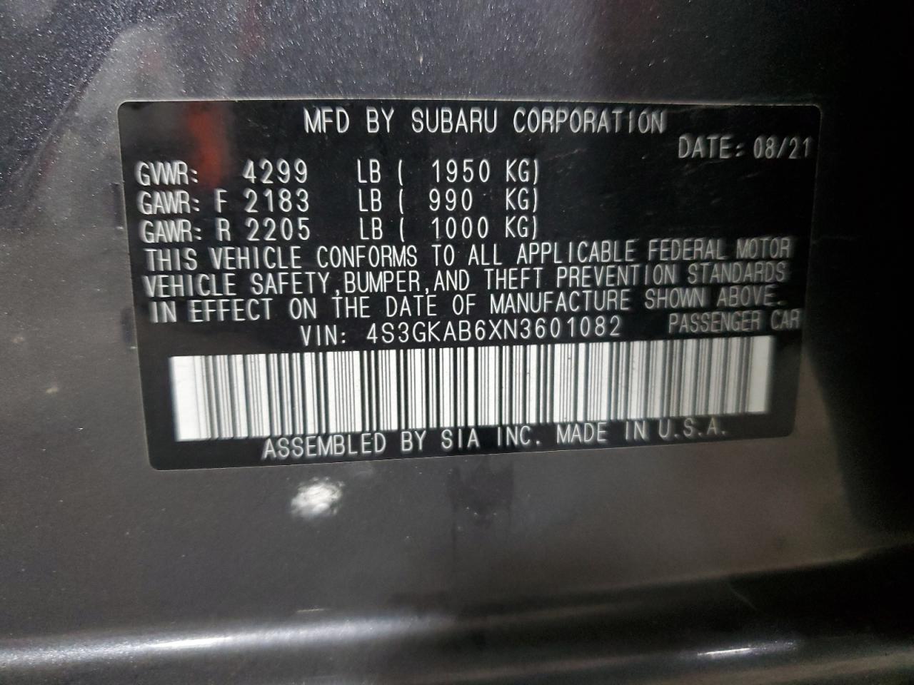 2022 Subaru Impreza VIN: 4S3GKAB6XN3601082 Lot: 81137405