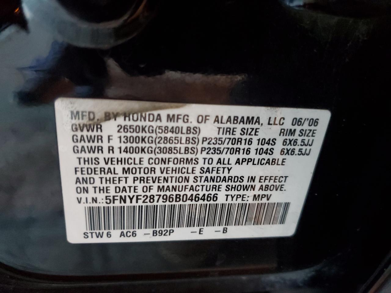 2006 Honda Pilot Ex VIN: 5FNYF28796B046466 Lot: 71273765