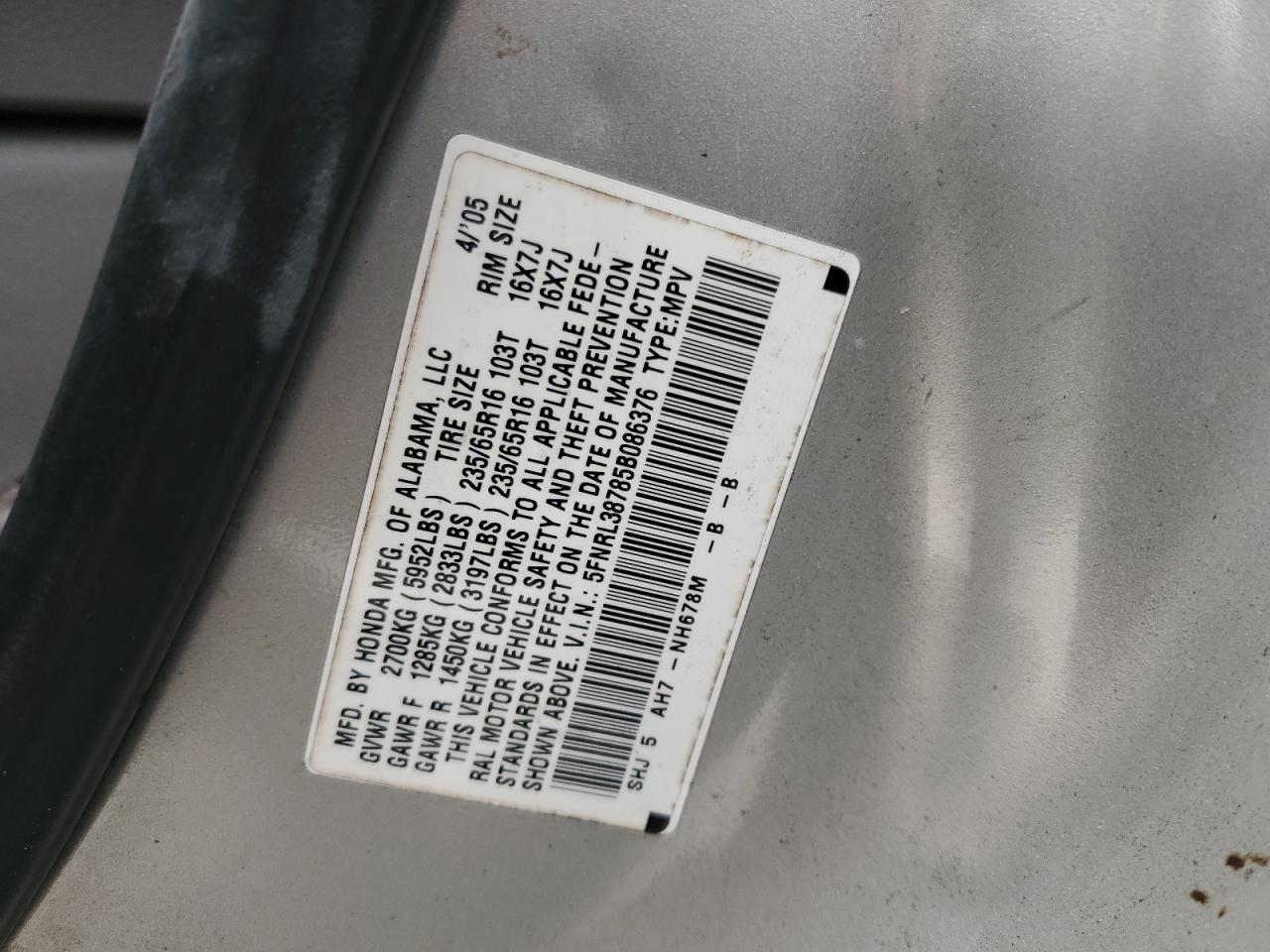 2005 Honda Odyssey Exl VIN: 5FNRL38785B086376 Lot: 84571675