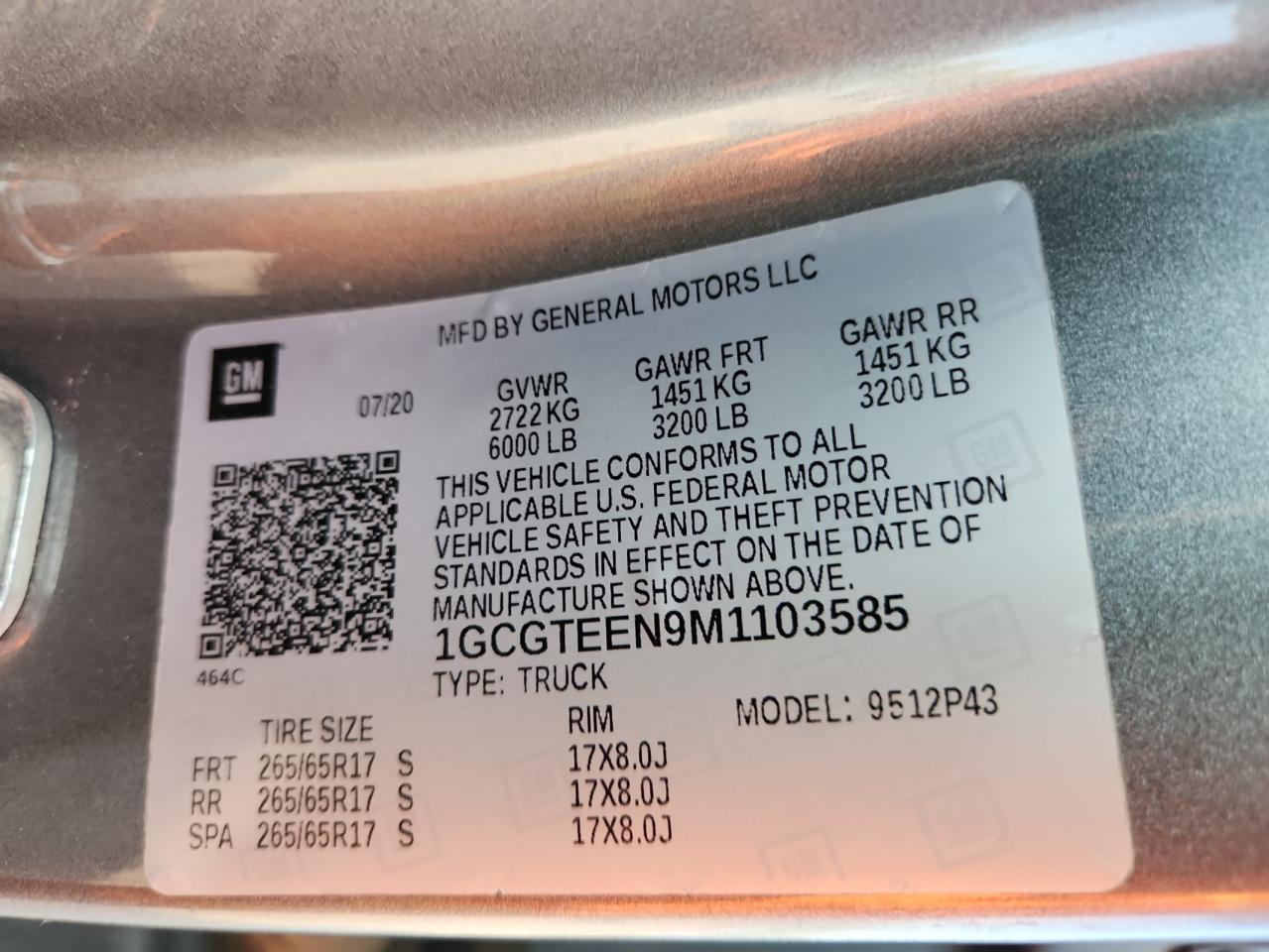 2021 Chevrolet Colorado Zr2 VIN: 1GCGTEEN9M1103585 Lot: 71123495