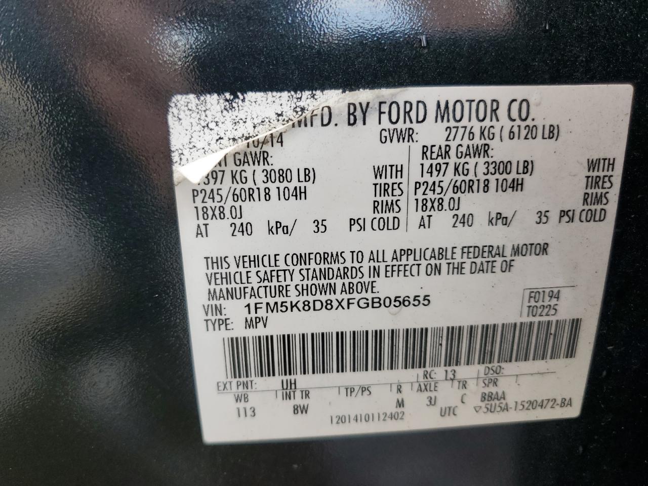 2015 Ford Explorer Xlt VIN: 1FM5K8D8XFGB05655 Lot: 80700215