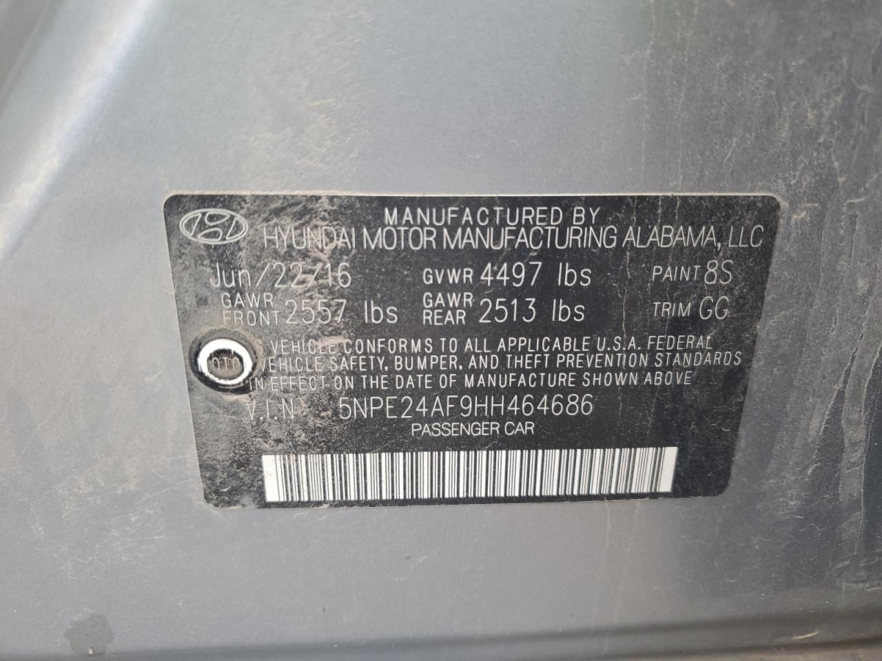 2017 Hyundai Sonata Se VIN: 5NPE24AF9HH464686 Lot: 80696245