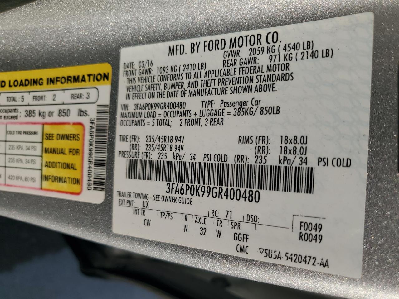 2016 Ford Fusion Titanium VIN: 3FA6P0K99GR400480 Lot: 80382775