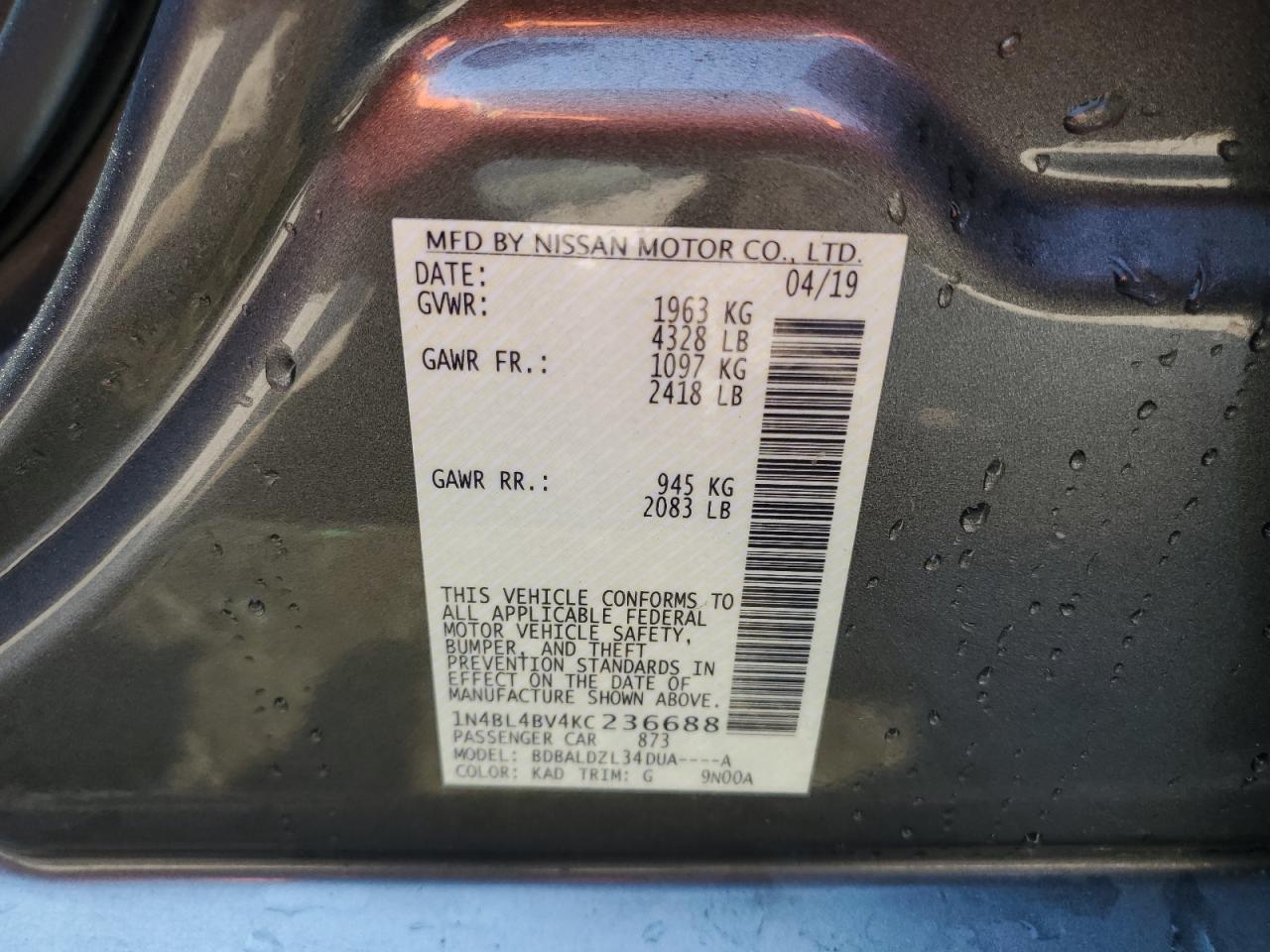 2019 Nissan Altima S VIN: 1N4BL4BV4KC236688 Lot: 81133345