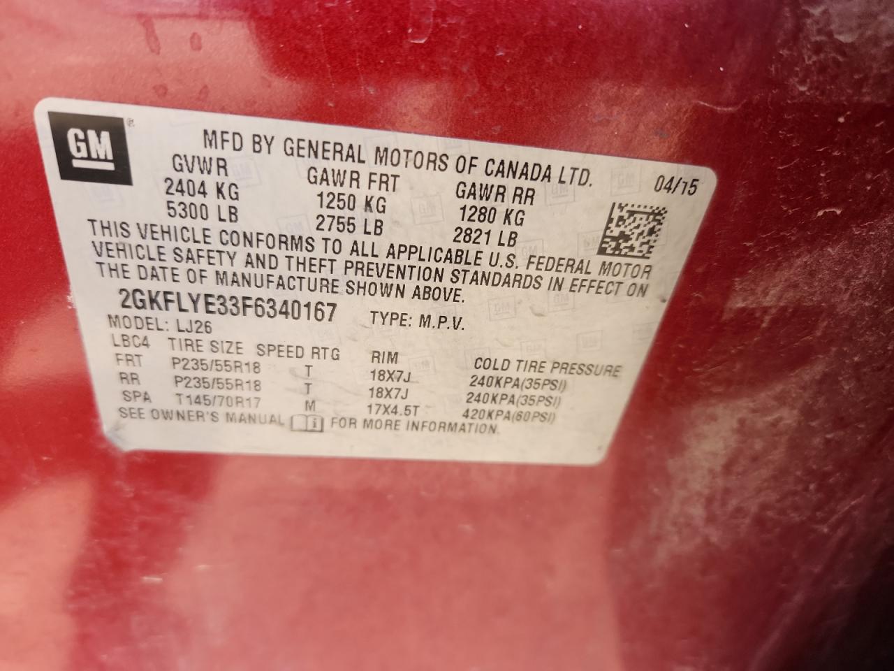 2015 GMC Terrain Slt VIN: 2GKFLYE33F6340167 Lot: 80338575