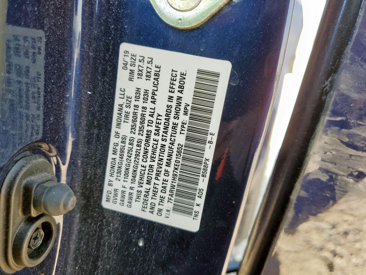 2019 Honda Cr-V Touring VIN: 7FARW1H97KE015652 Lot: 80304805