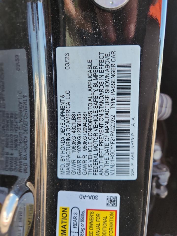 2023 Honda Accord Lx VIN: 1HGCY1F21PA020932 Lot: 80444265