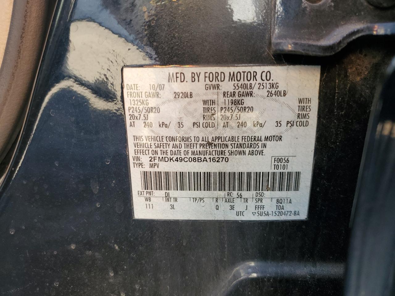 2008 Ford Edge Limited VIN: 2FMDK49C08BA16270 Lot: 84904585